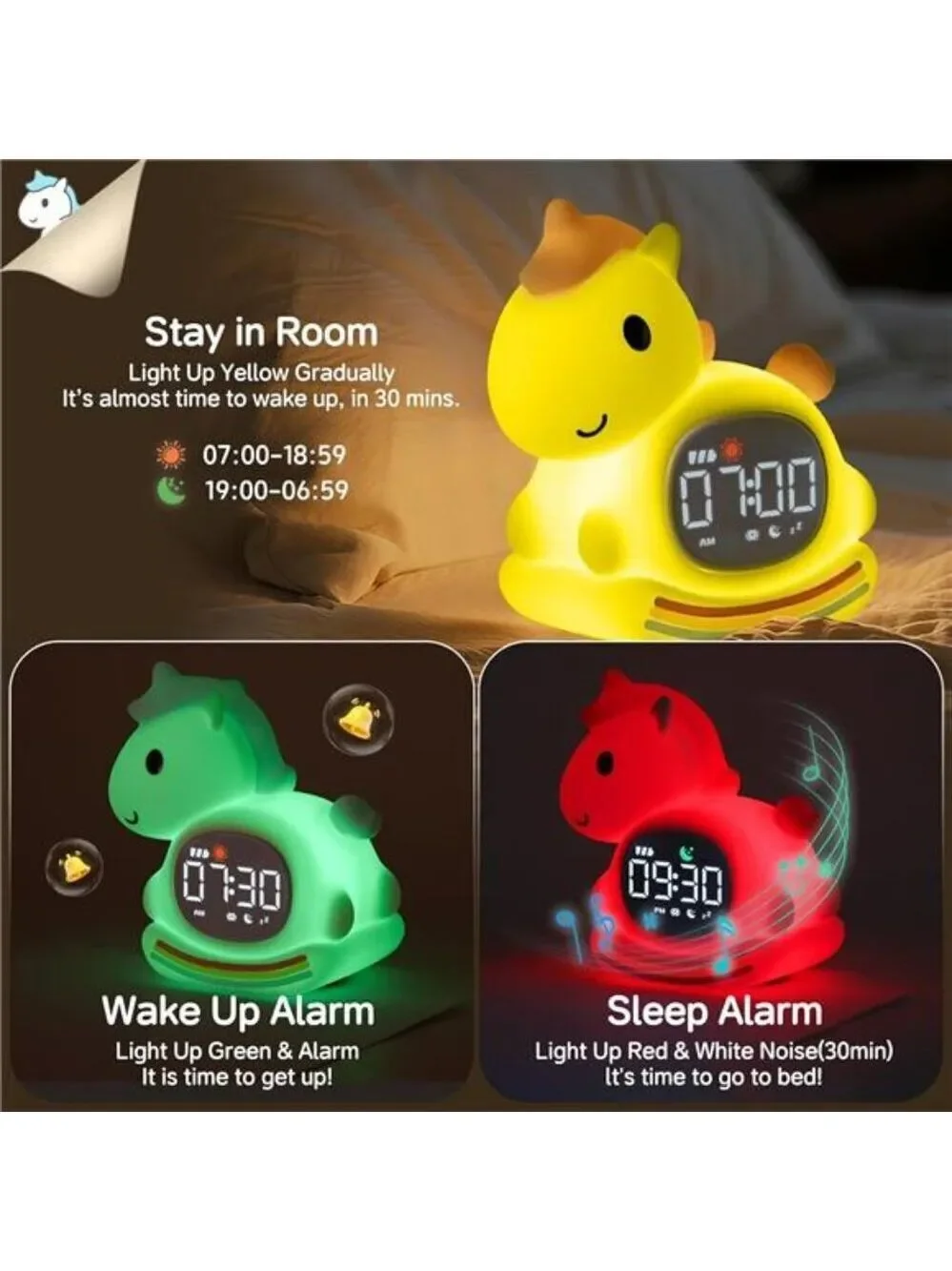 Kids Alarm Clock Night Light Sleep Training Clock Rechargeable Boys Girls Pink